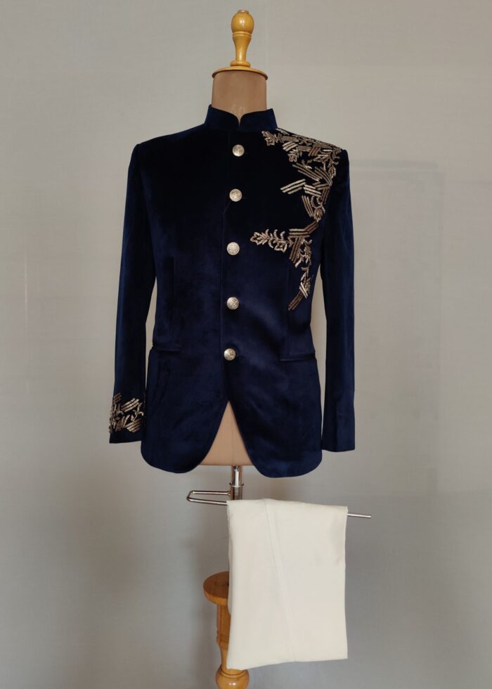 Navy Blue Embroidery Jodhpuri Suit - Shahi Libas