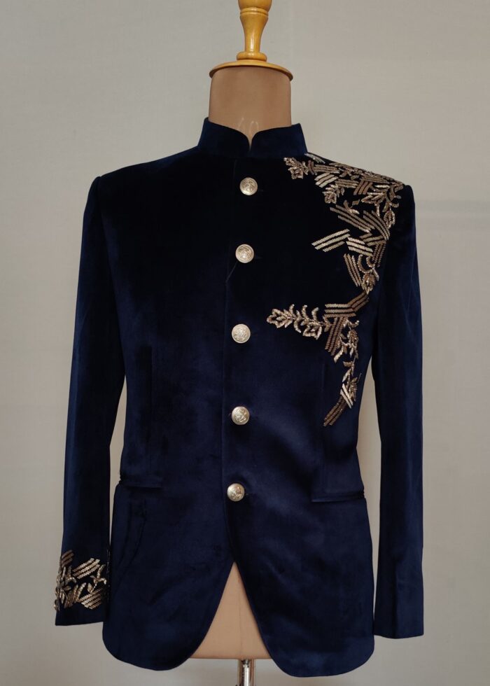 Navy Blue Woven Bandhgala Jodhpuri Suit For Men 1062MW05