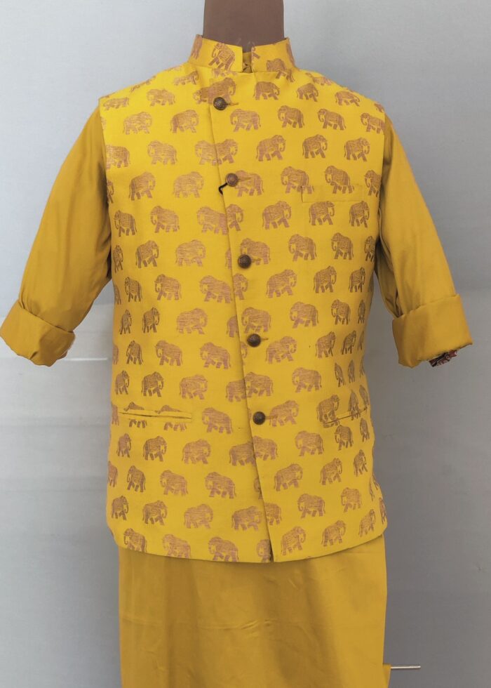Yellow Elephant Self Print Kurta Jacket Set