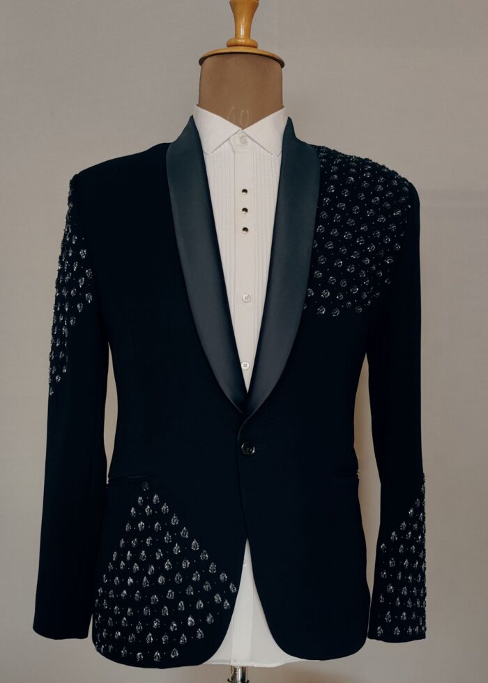 Navy Blue Handwork Embroidery Tuxedo Suit For Mens