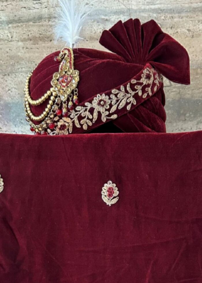 Maroon Embroidery Groom Safa Dupatta Set