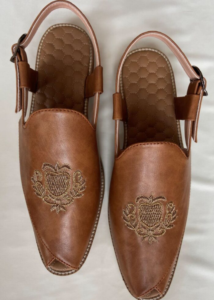 Tan Hand Embroidery Leather Sandal Slip-Ons