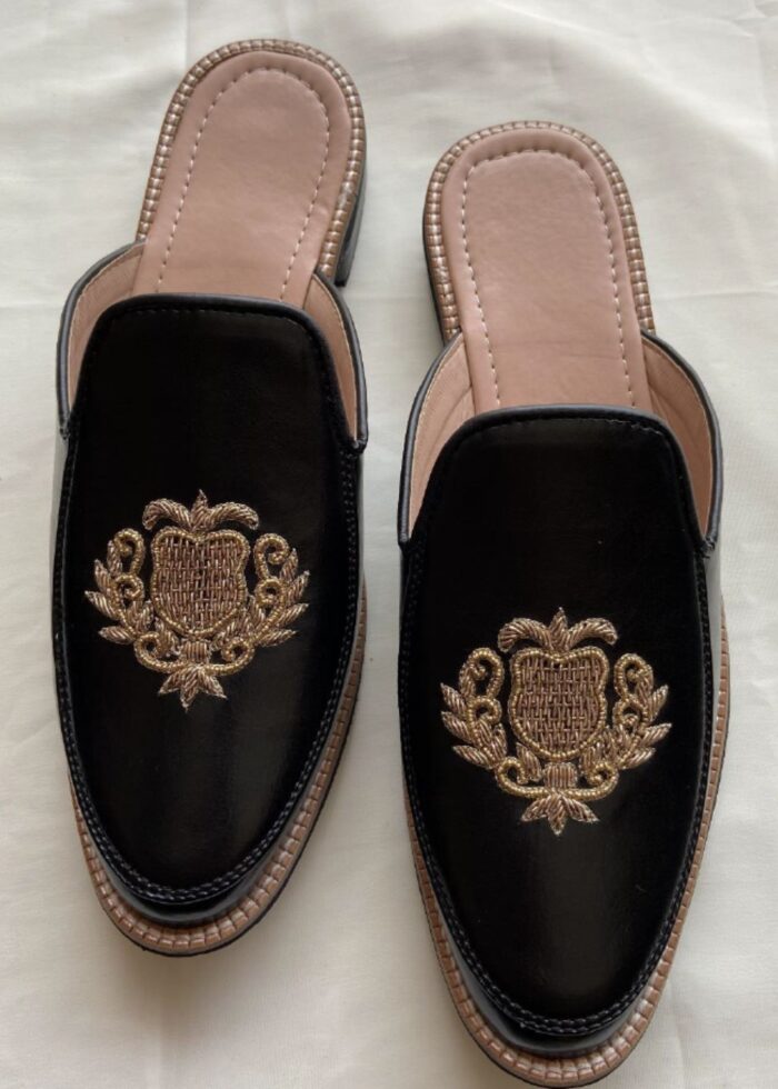 Black Hand Embroidery Leather Slip-Ons for Mens