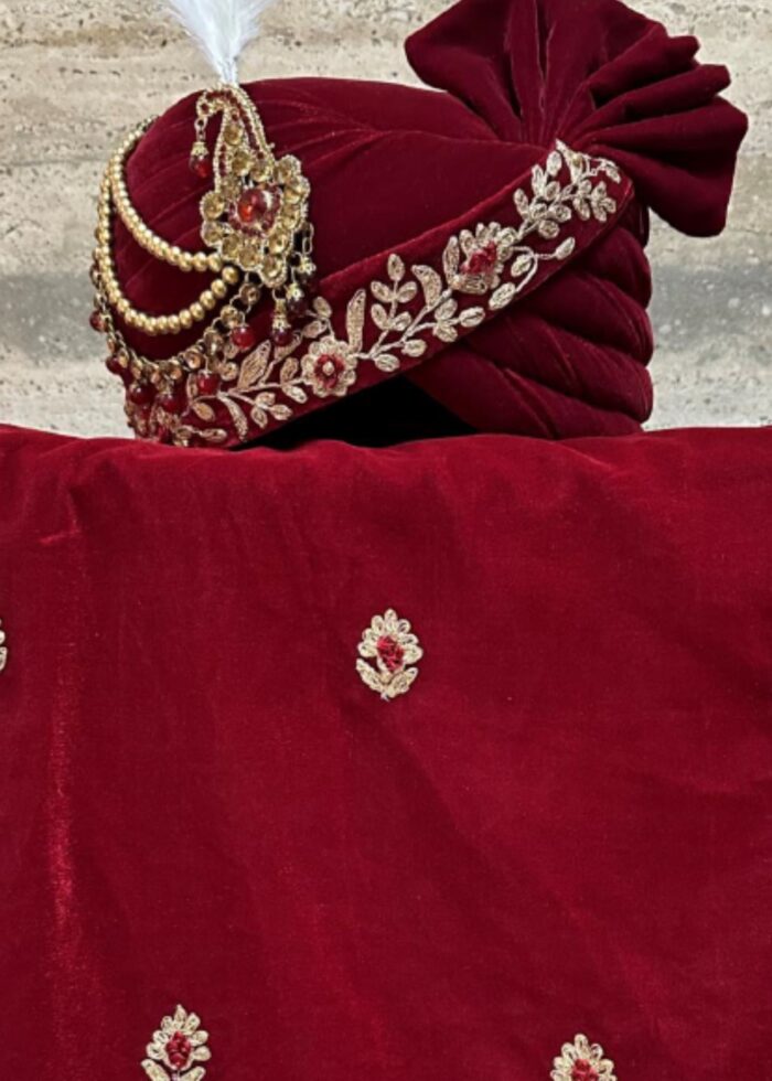 Maroon Royal Velvet Safa Dupatta Set