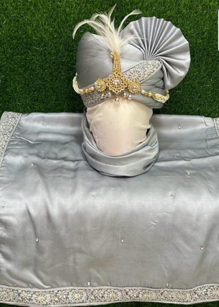 Grey Silk Safa Dupatta Set for Groom