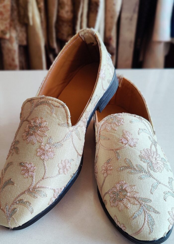Cream Floral Loafer Shoes for Mens