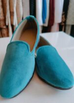 Teal Blue Solid Velvet Loafers for Mens