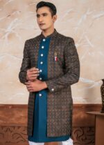Brown blue Embroidered Open Indo Western Set