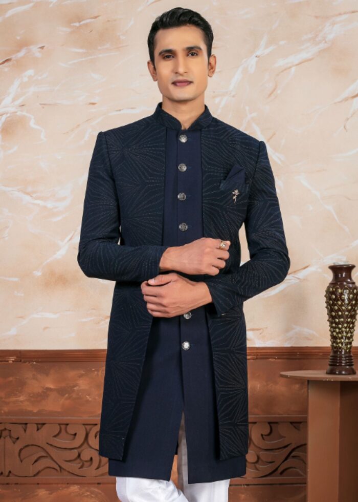 Navy Blue Self Design Open Indo Western Set