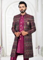 Wine Embroidered Open Indo Western Set