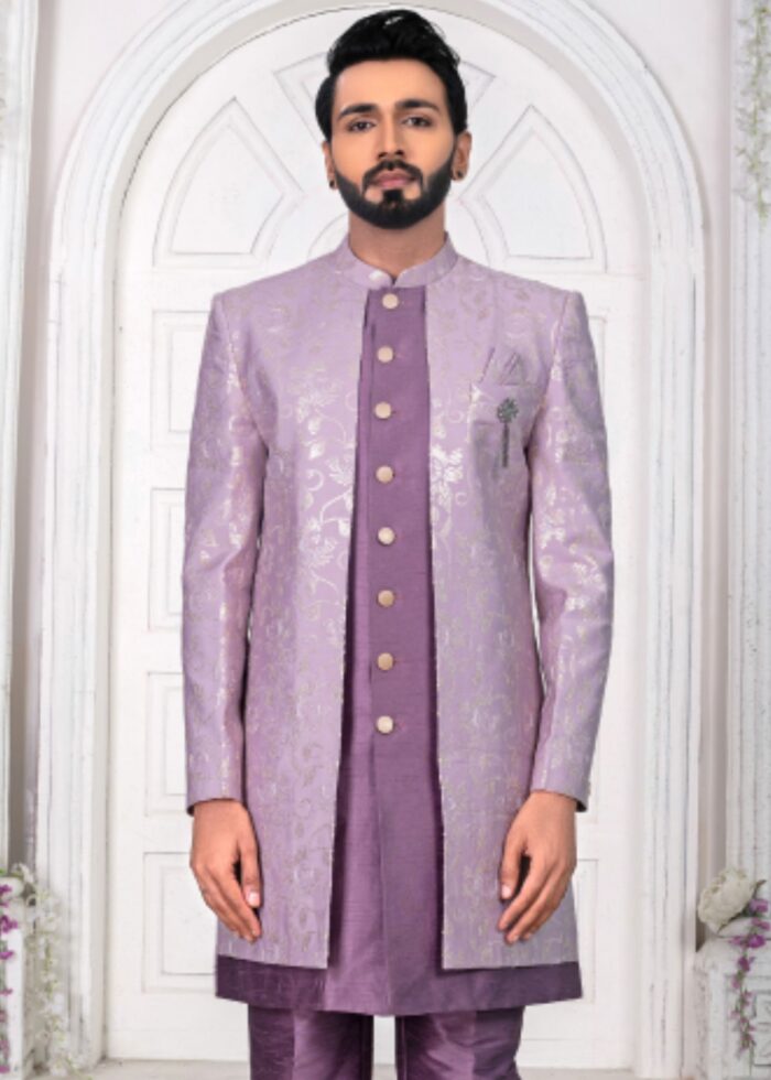 Purple Embroidered Open Indo Western Set