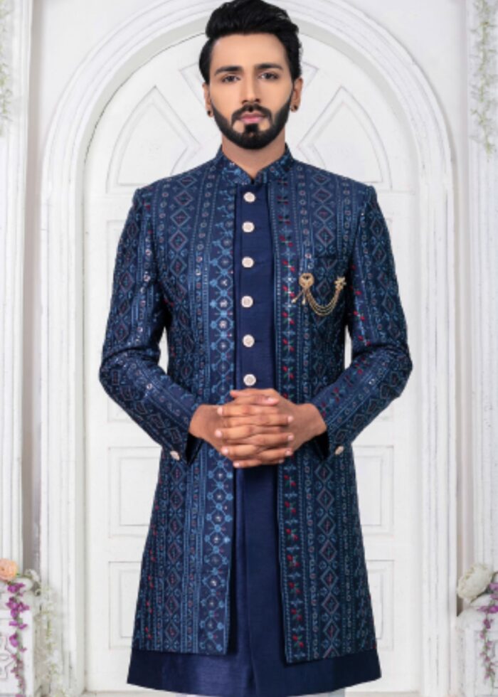 Blue Embroidered Open Indo Western Set