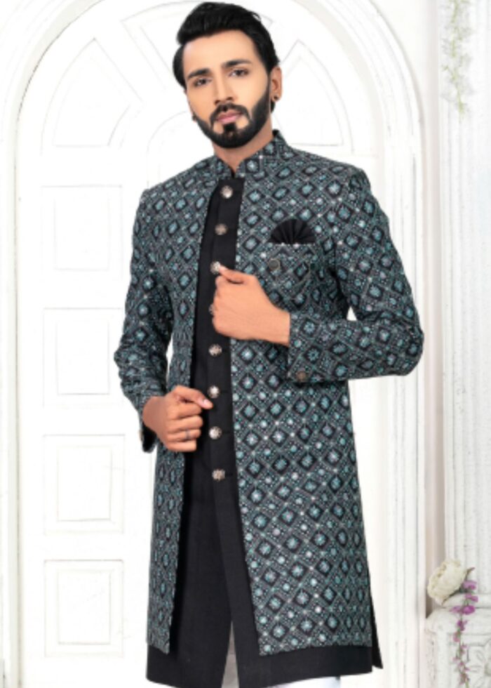 Blue Embroidered Open Indo Western Set
