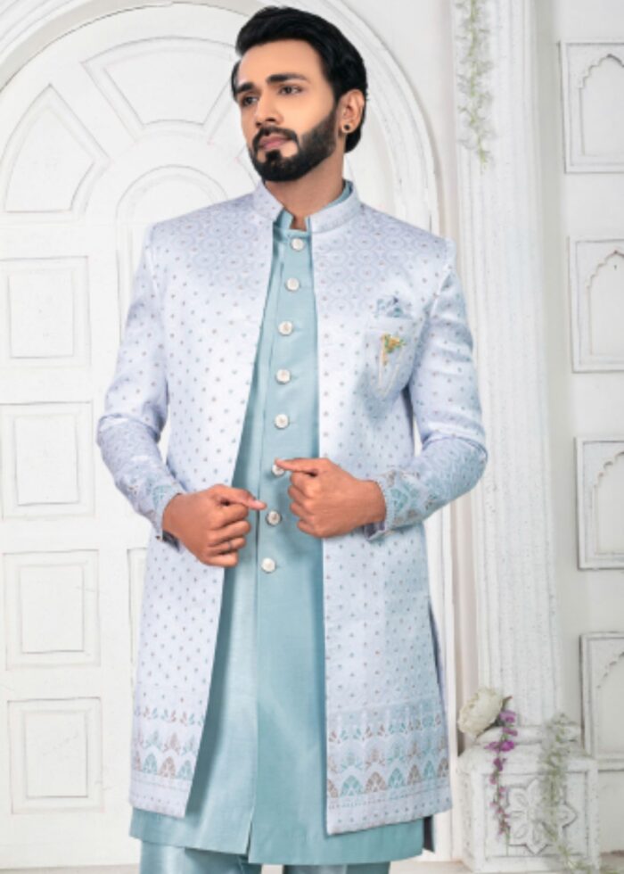 Sky Blue Embroidered Open Indo Western Set