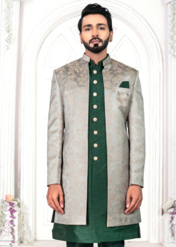 Grey & Green Open Indo Western Set