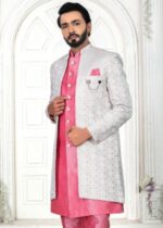 Pink Embroidered Open Indo Western Set