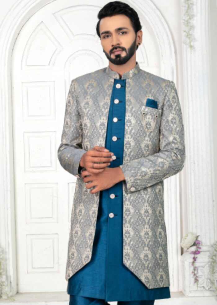 Grey & Blue Embroidered Open Indo Western Set