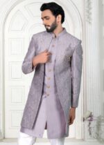 Purple Embroidered Open Indo Western Set