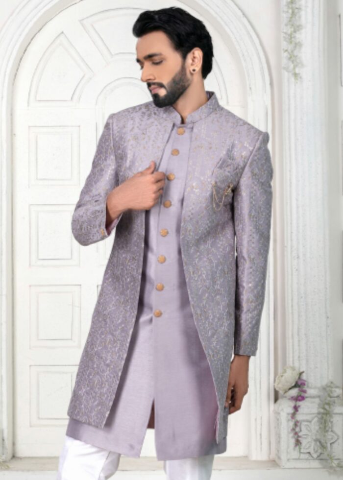 Purple Embroidered Open Indo Western Set