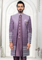 Purple Embroidered Open Indo Western Set