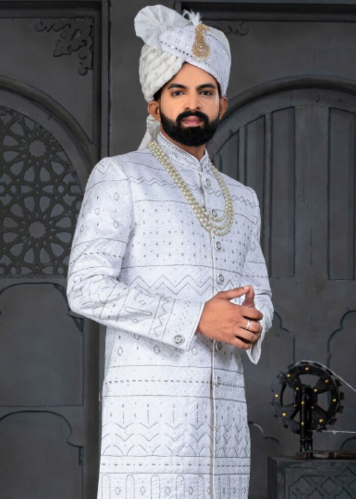 White and Silver Designer Sherwani for Groom