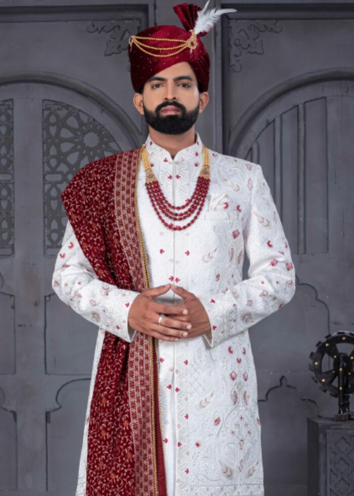 White and Maroon Designer Sherwani for Groom