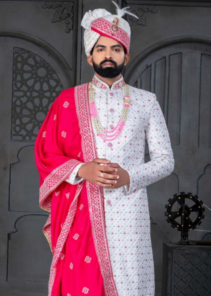 White and Pink Designer Sherwani for Groom