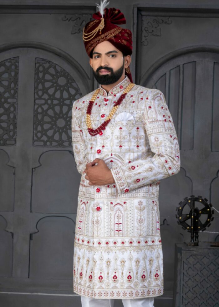 White and Maroon Designer Sherwani for Groom