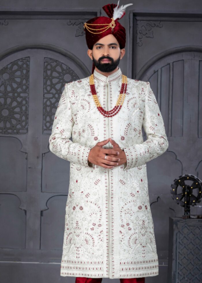 White and Maroon Designer Sherwani for Groom