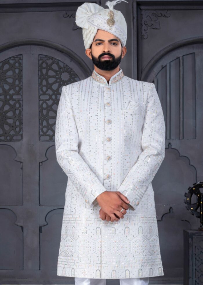 White Designer Sherwani for Groom
