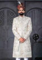 White and Golden Designer Sherwani for Groom