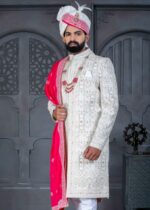 White and Pink Designer Sherwani for Groom