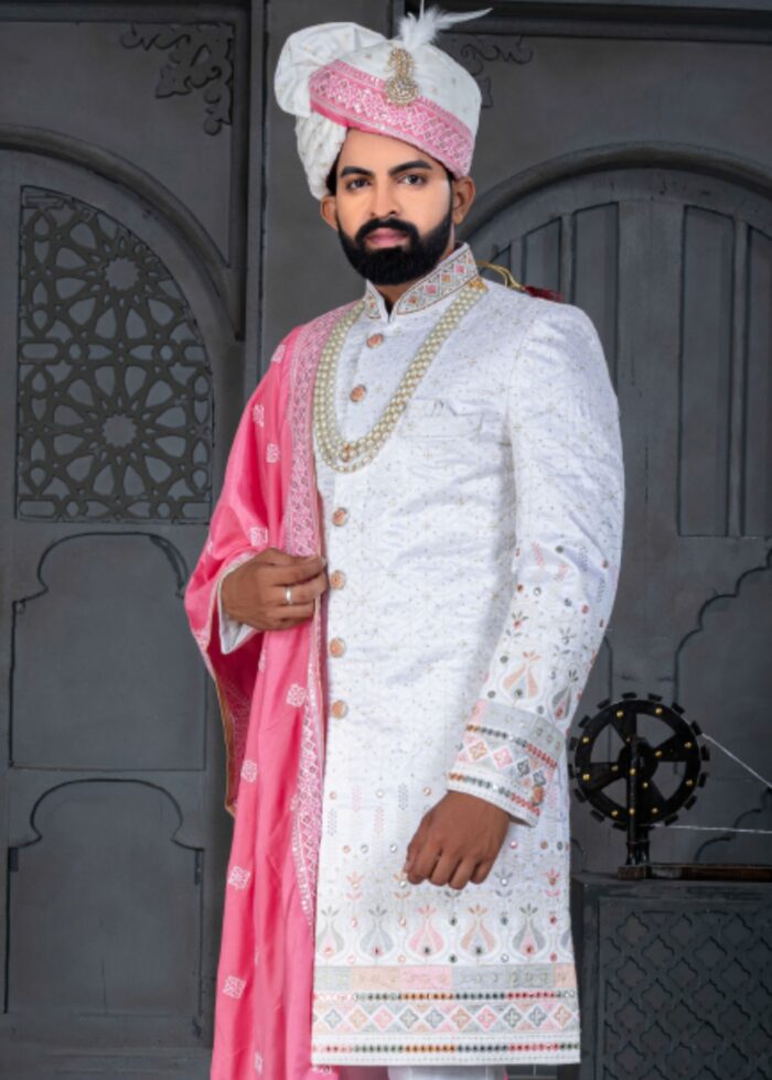 White and Pink Designer Sherwani for Groom