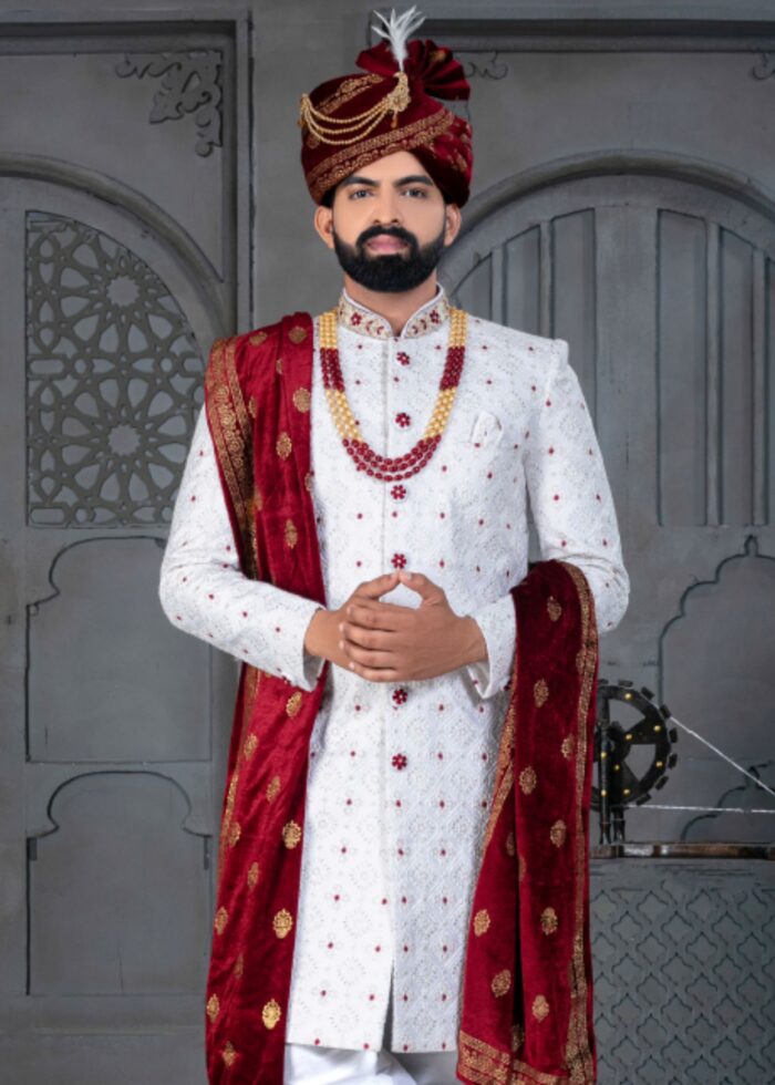 White and Maroon Designer Sherwani for Groom